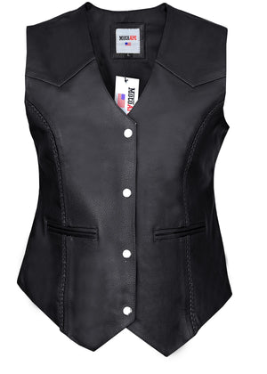 MotoArt Women Black Diamond Braided Leather Vest - MotoArtLeather