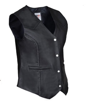MotoArt Women Black Diamond Braided Leather Vest - MotoArtLeather