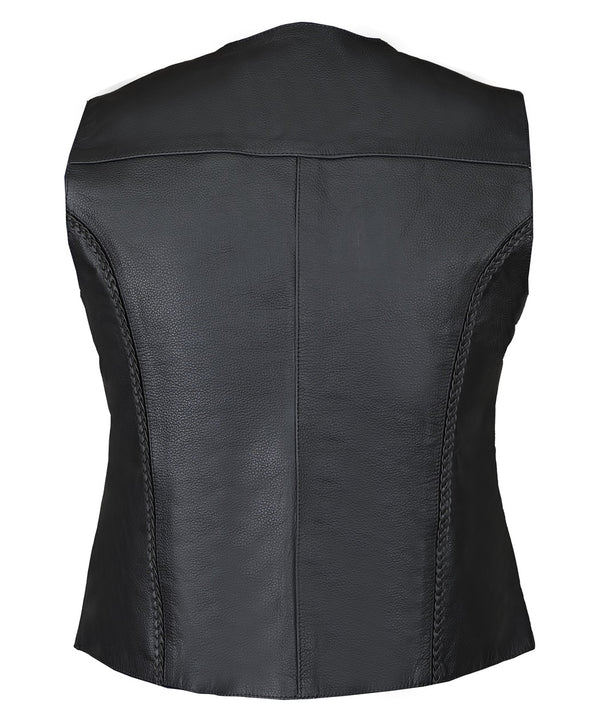 MotoArt Women Black Diamond Braided Leather Vest - MotoArtLeather