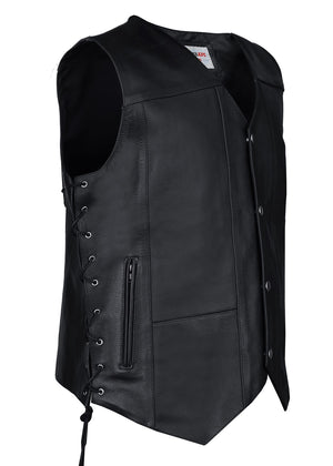 MotoArt Men Classic Black Leather Vest with Side Laces - MotoArtLeather