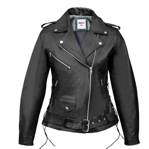 MotoArt Women Classic Black Premium Leather Motorcycle Vintage Jacket with Side Laces - MotoArtLeather
