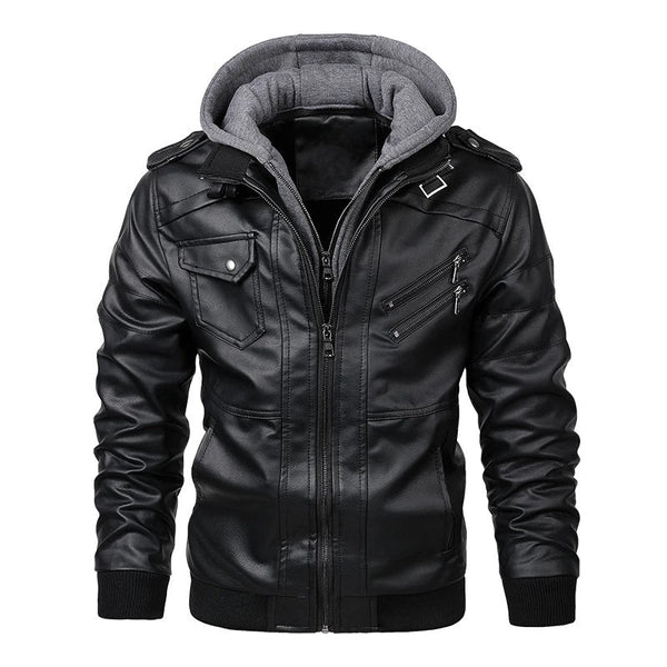 Mens Joe Genuine Leather Hooded Bomber Jacket with Removable Hoodie