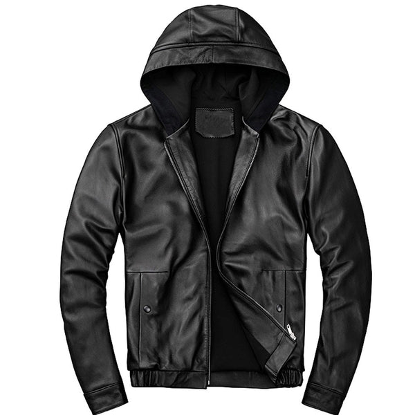 Mens Walter Genuine Black Leather Hooded Bomber Jacket