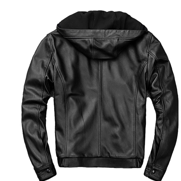 Mens Walter Genuine Black Leather Hooded Bomber Jacket