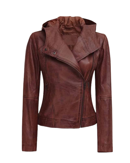 Womens Flory Genuine Brown Leather Hooded Bomber Jacket