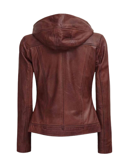 Womens Flory Genuine Brown Leather Hooded Bomber Jacket