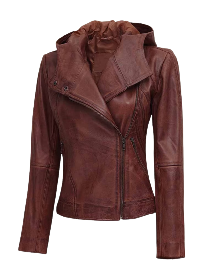 Womens Flory Genuine Brown Leather Hooded Bomber Jacket