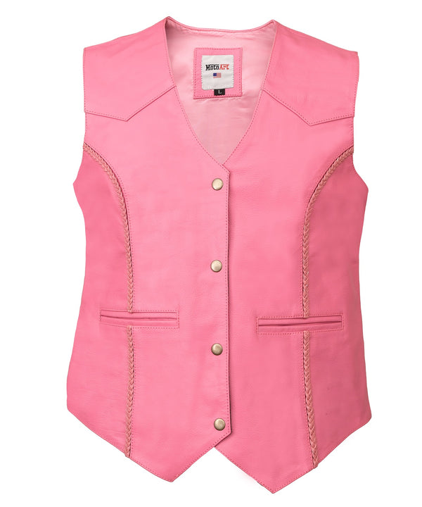 MotoArt Women Pink Diamond Braided Leather Vest