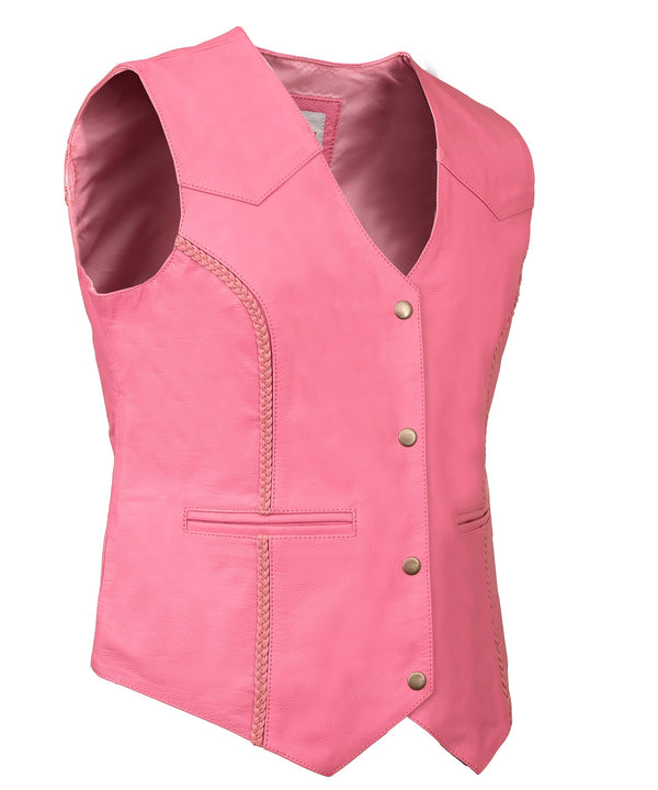 MotoArt Women Pink Diamond Braided Leather Vest