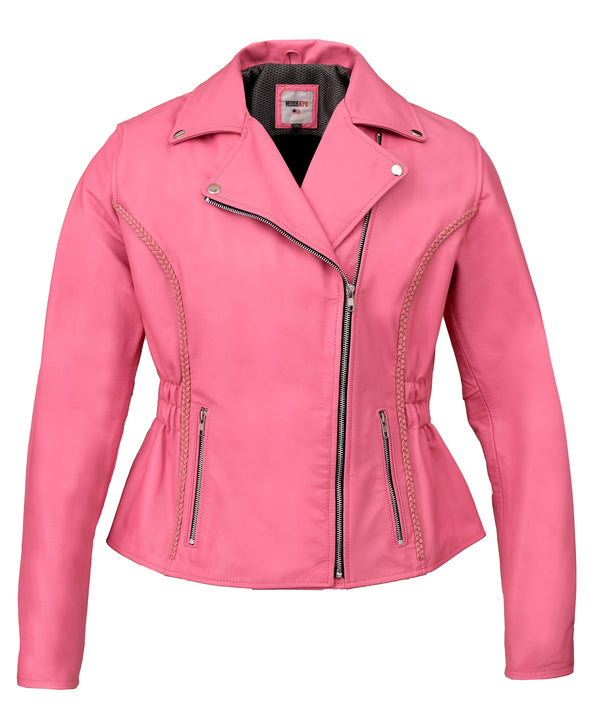 MotoArt Women Classic Braided Pink Leather Jacket w/ Armor Protection