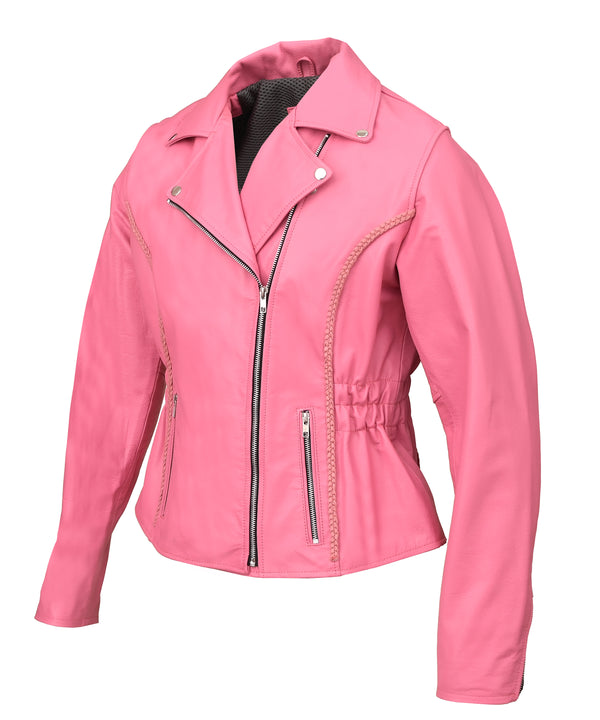 MotoArt Women Classic Braided Pink Leather Jacket w/ Armor Protection