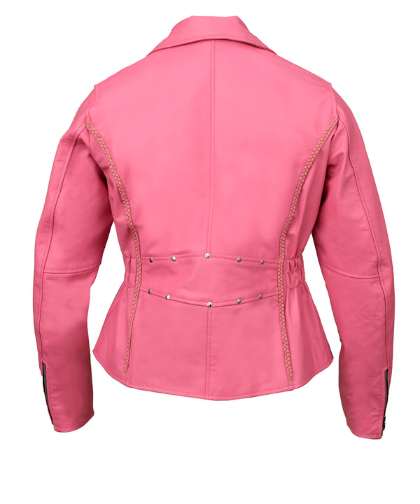 MotoArt Women Classic Braided Pink Leather Jacket w/ Armor Protection