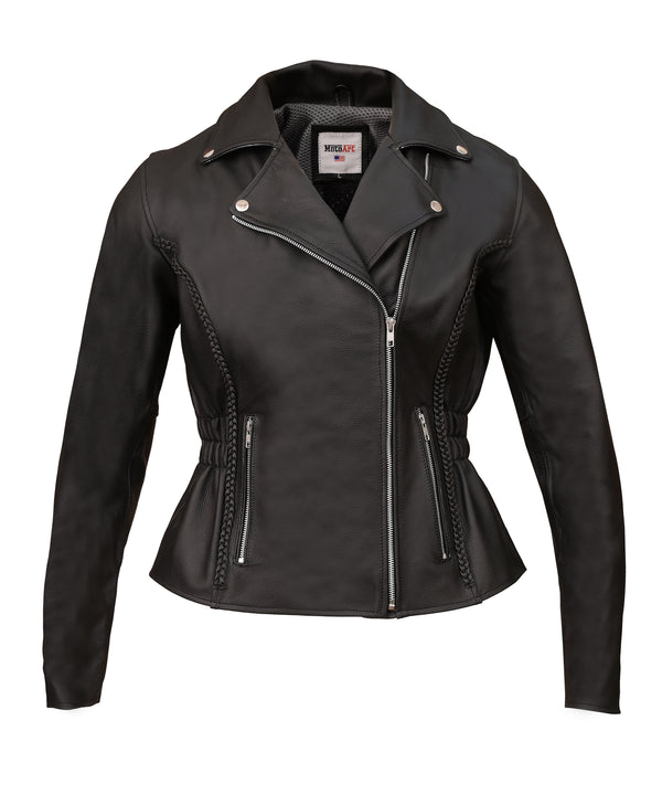 MotoArt Women Classic Braided Black Leather Jacket w/ Armor Protection