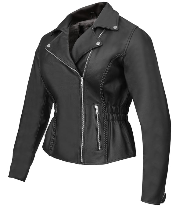 MotoArt Women Classic Braided Black Leather Jacket w/ Armor Protection