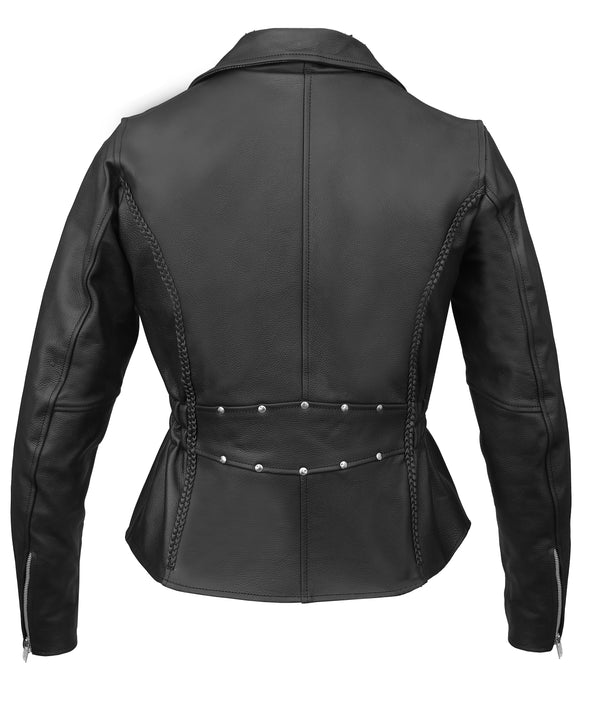 MotoArt Women Classic Braided Black Leather Jacket w/ Armor Protection