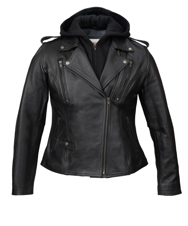 MotoArt Women Black Tara Hooded and Vented Motorcycle Biker Leather Jacket