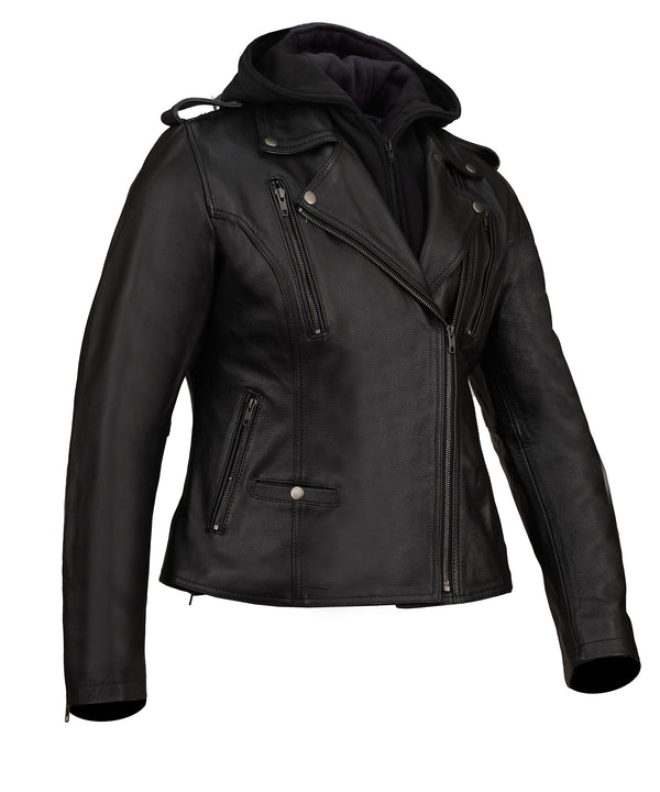 MotoArt Women Black Tara Hooded and Vented Motorcycle Biker Leather Jacket