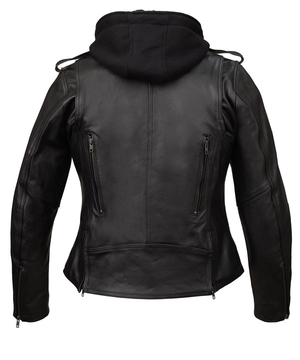 MotoArt Women Black Tara Hooded and Vented Motorcycle Biker Leather Jacket