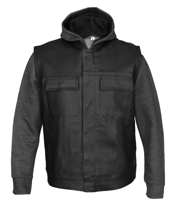 MotoArt Mens Juice Black Leather Motorcycle Hoodie Jacket with Convertible Vest