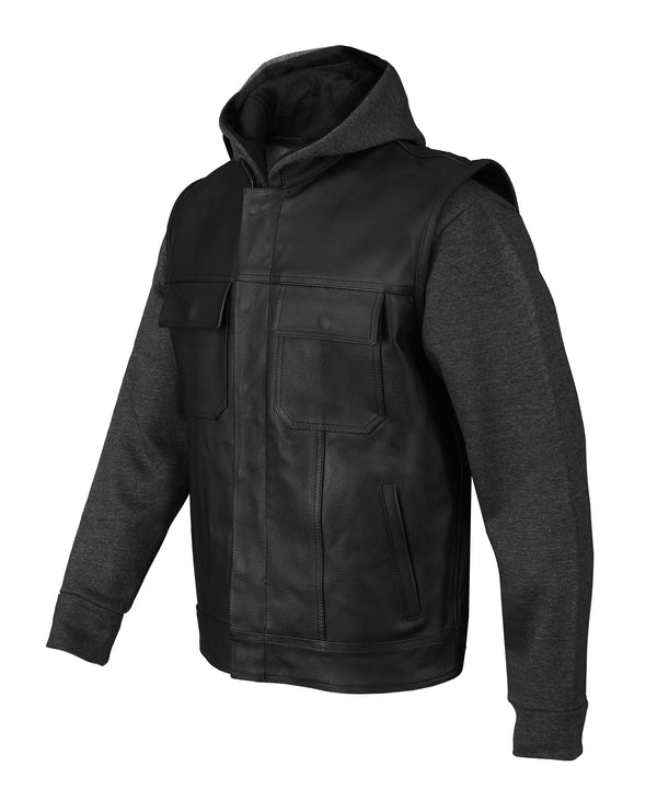 MotoArt Mens Juice Black Leather Motorcycle Hoodie Jacket with Convertible Vest