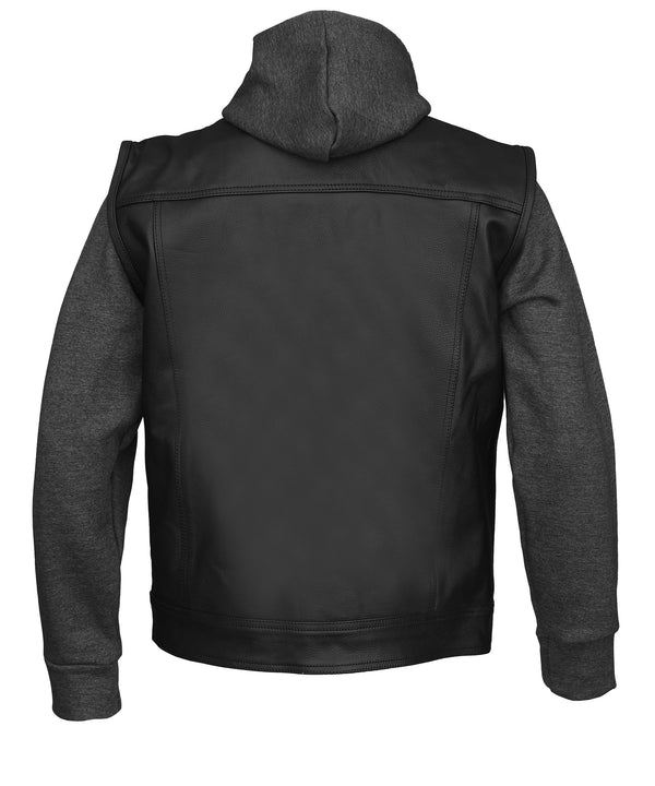 MotoArt Mens Juice Black Leather Motorcycle Hoodie Jacket with Convertible Vest