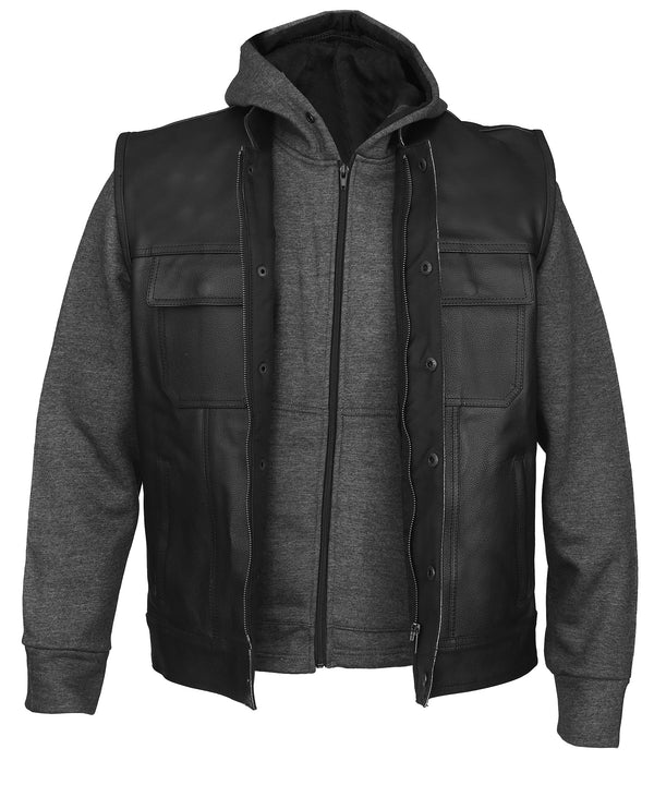 MotoArt Mens Juice Black Leather Motorcycle Hoodie Jacket with Convertible Vest