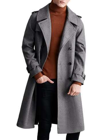 Mens Jonah Front Button Grey Wool Double Breasted Long Coat