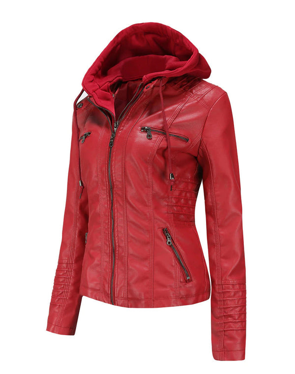 Womens Sarah Genuine Lambskin Leather Hooded Jacket with Removable Hoodie