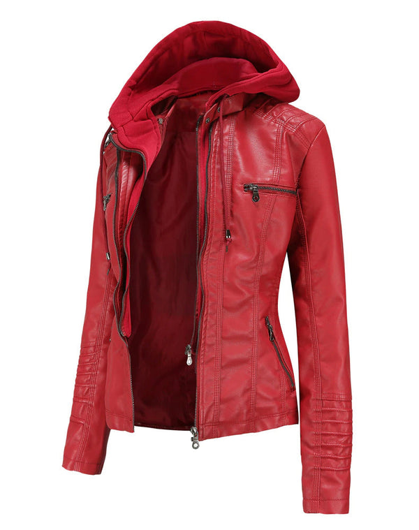 Womens Sarah Genuine Lambskin Leather Hooded Jacket with Removable Hoodie