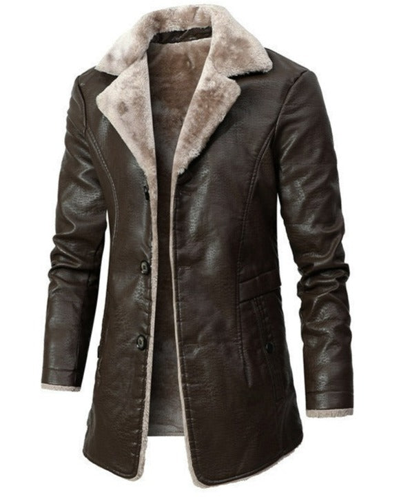 Mens Matt Front Button Faux Fur Lined Leather Coat