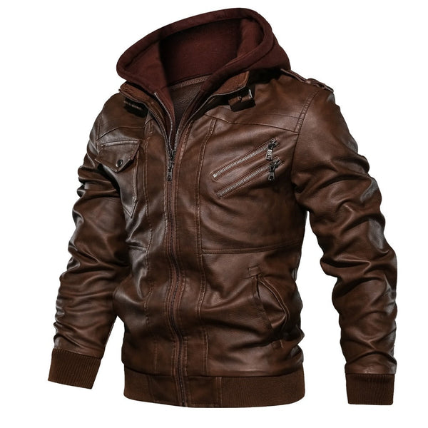 Mens Joe Genuine Leather Hooded Bomber Jacket with Removable Hoodie