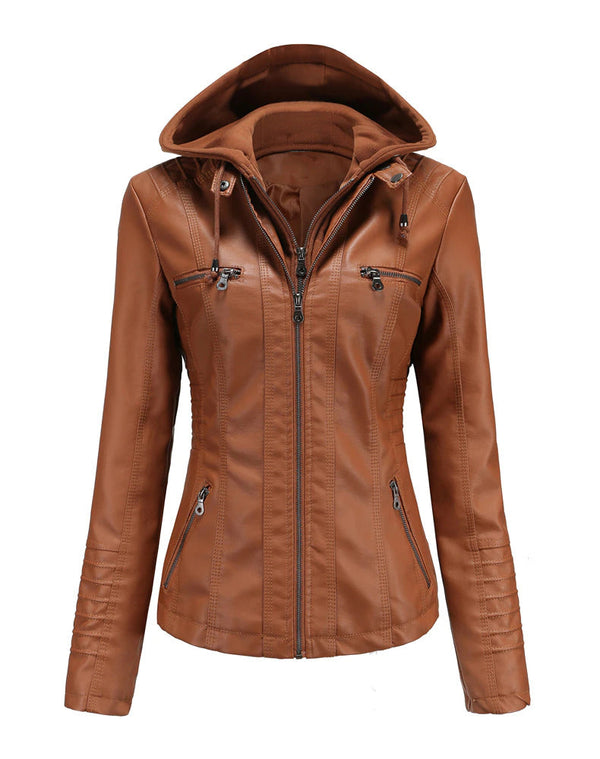 Womens Sarah Genuine Lambskin Leather Hooded Jacket with Removable Hoodie