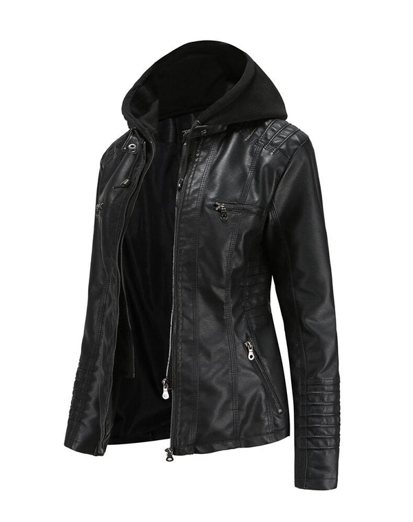 Womens Sarah Genuine Lambskin Leather Hooded Jacket with Removable Hoodie