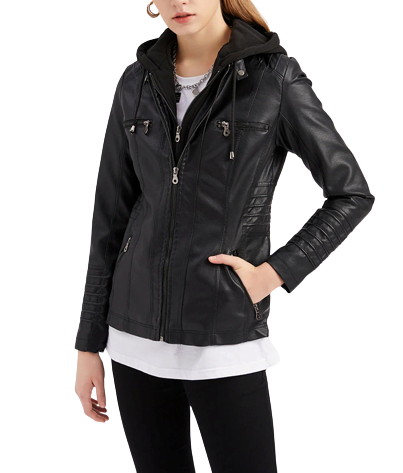 Womens Sarah Genuine Lambskin Leather Hooded Jacket with Removable Hoodie