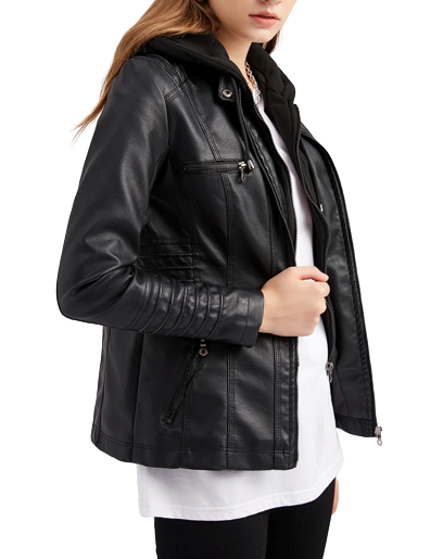 Womens Sarah Genuine Lambskin Leather Hooded Jacket with Removable Hoodie