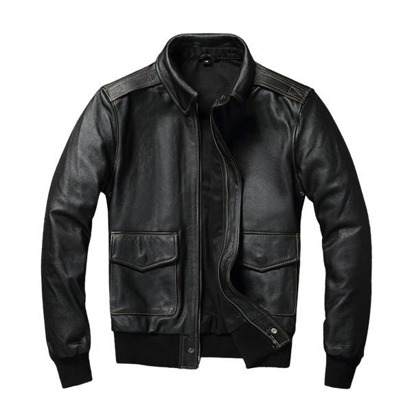 Mens Carl A2 Flight Aviator Cowhide Leather Black Bomber Jacket