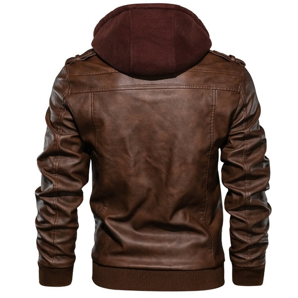 Mens Joe Genuine Leather Hooded Bomber Jacket with Removable Hoodie