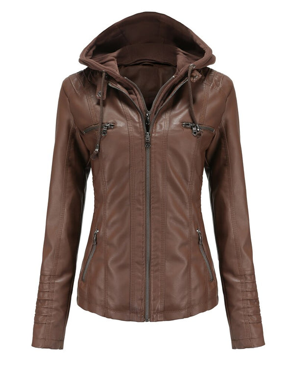 Womens Sarah Genuine Lambskin Leather Hooded Jacket with Removable Hoodie