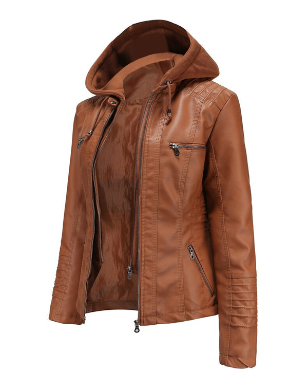 Womens Sarah Genuine Lambskin Leather Hooded Jacket with Removable Hoodie