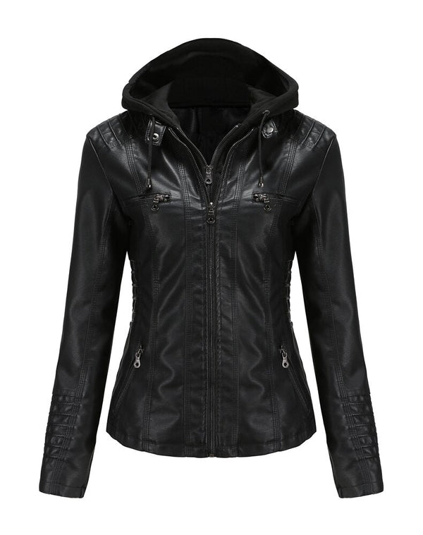 Womens Sarah Genuine Lambskin Leather Hooded Jacket with Removable Hoodie