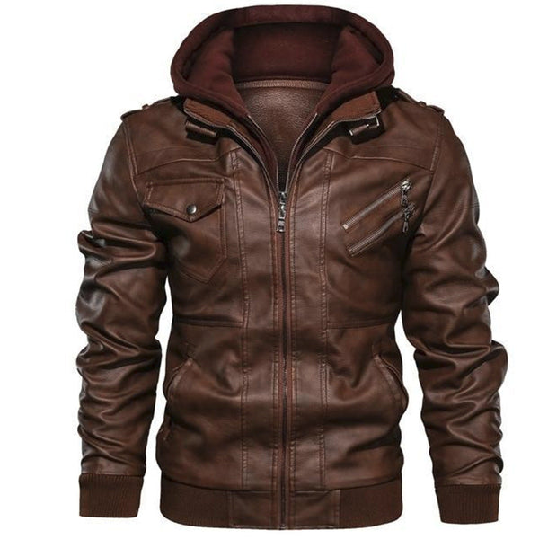 Mens Joe Genuine Leather Hooded Bomber Jacket with Removable Hoodie