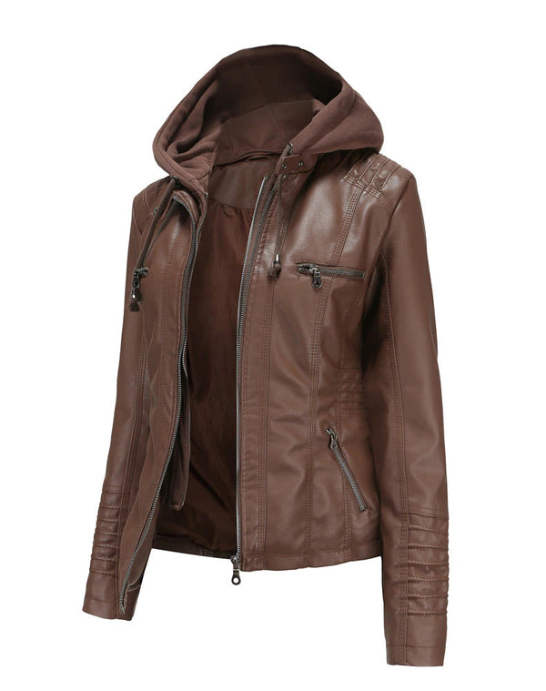 Womens Sarah Genuine Lambskin Leather Hooded Jacket with Removable Hoodie