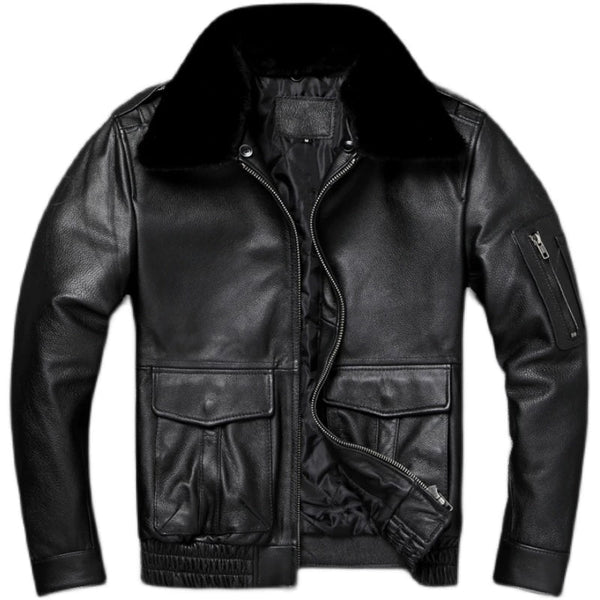 Mens Peter A2 Flight Aviator Black Real Cowhide Leather Jacket with Fur Collar