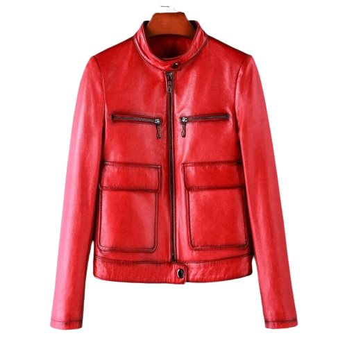 Womens Stephanie Front Pocket Genuine Lambskin Leather Jacket