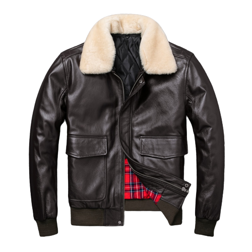 Mens Mark Flight Bomber Genuine Lambskin Leather Fur Collar Cotton Checked Lined Jacket