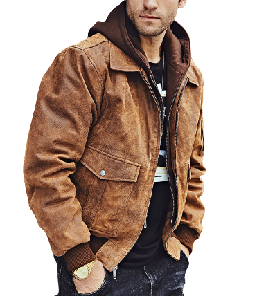 Mens Izzy Genuine Brown Leather Hooded Bomber Jacket