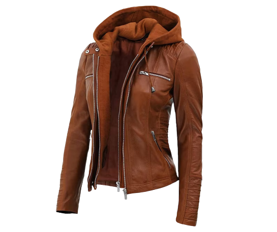 Womens Fianna Genuine Brown Leather Hooded Bomber Jacket