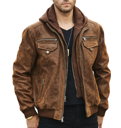 Mens Harold Genuine Brown Leather Hooded Bomber Jacket