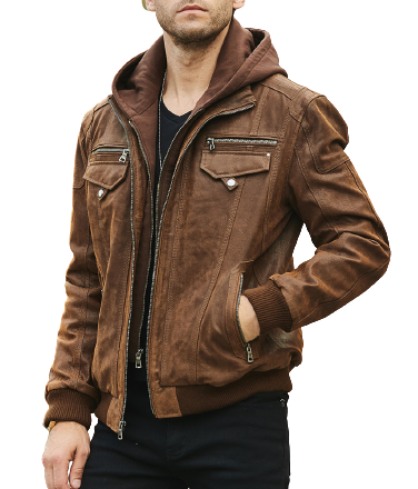 Mens Harold Genuine Brown Leather Hooded Bomber Jacket