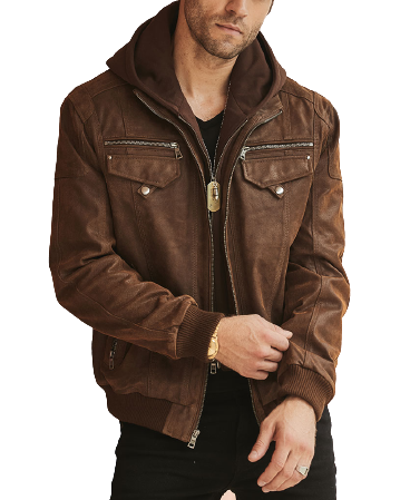 Mens Harold Genuine Brown Leather Hooded Bomber Jacket